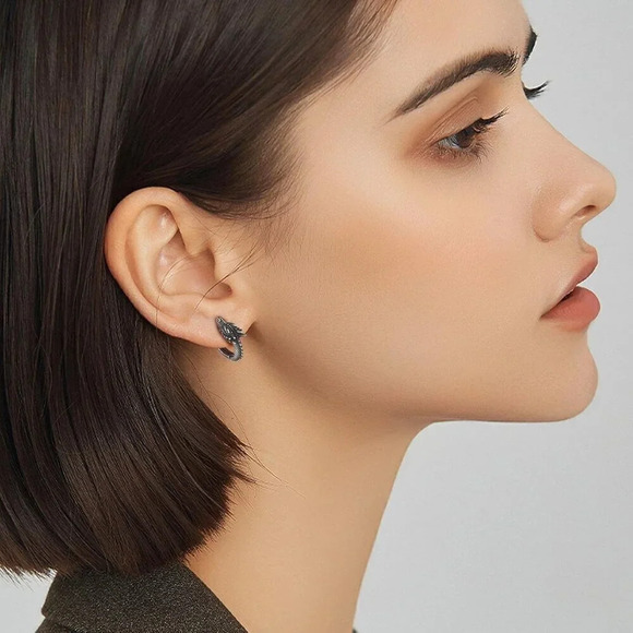 Women  Hypoallergenic Stainless Steel Stud Personalized Dragon Earrings - Picture 6 of 11